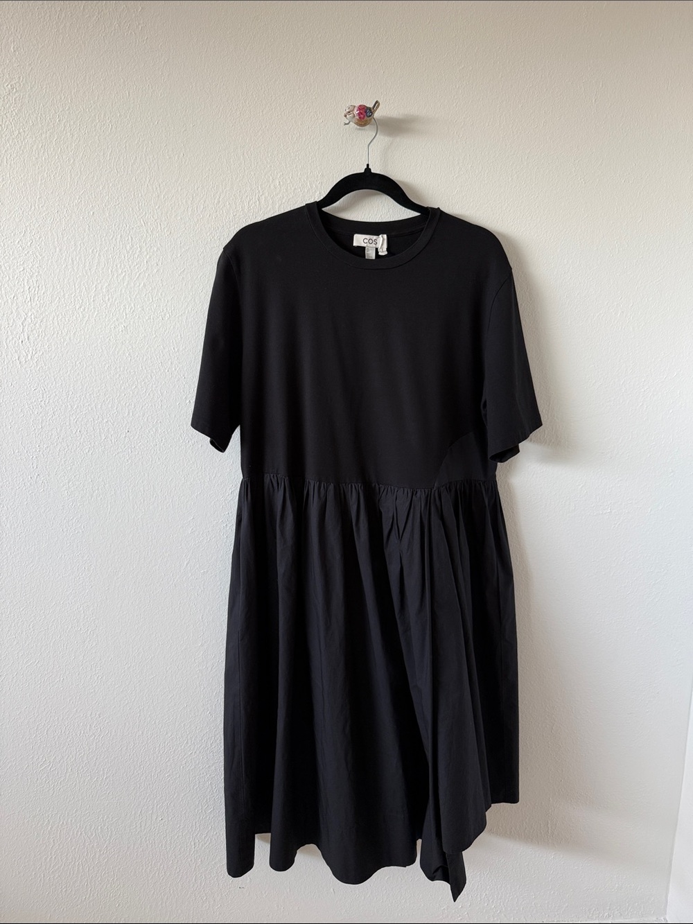 COS Black Short-Sleeve Midi Dress with Gathered Skirt